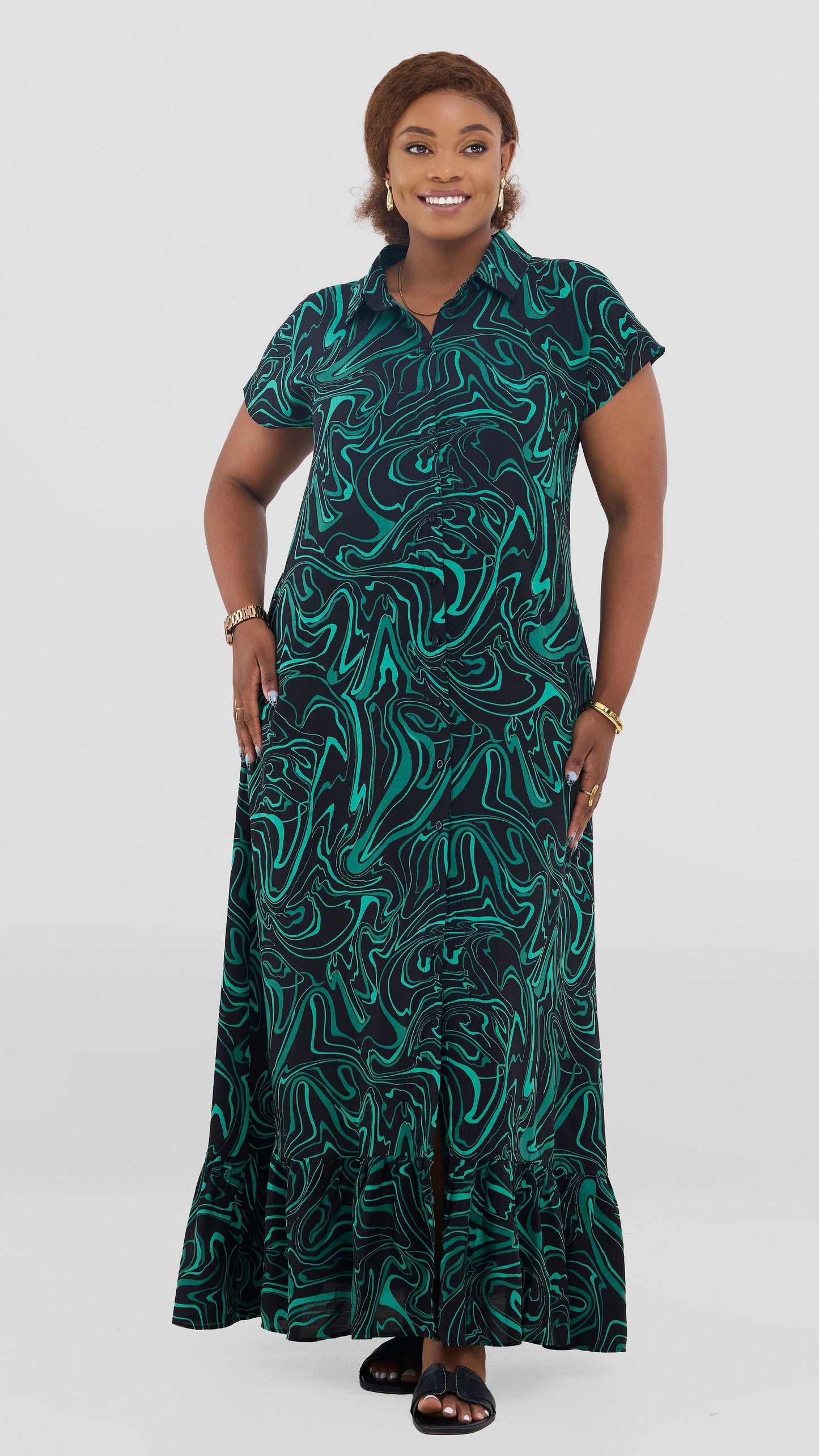 Vivo Maisha Drop Shoulder Maxi Dress In Rayon - Black / Green Print