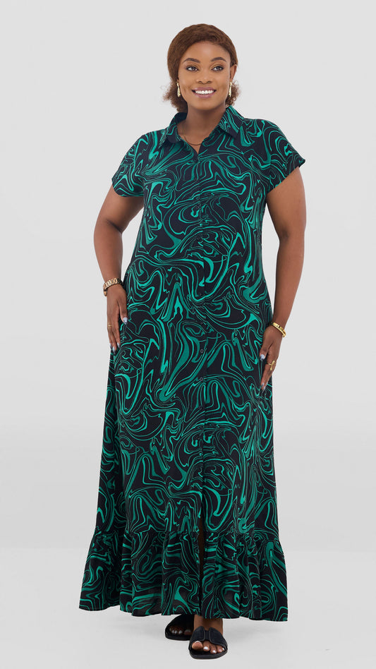 Vivo Maisha Drop Shoulder Maxi Dress In Rayon - Black / Green Print