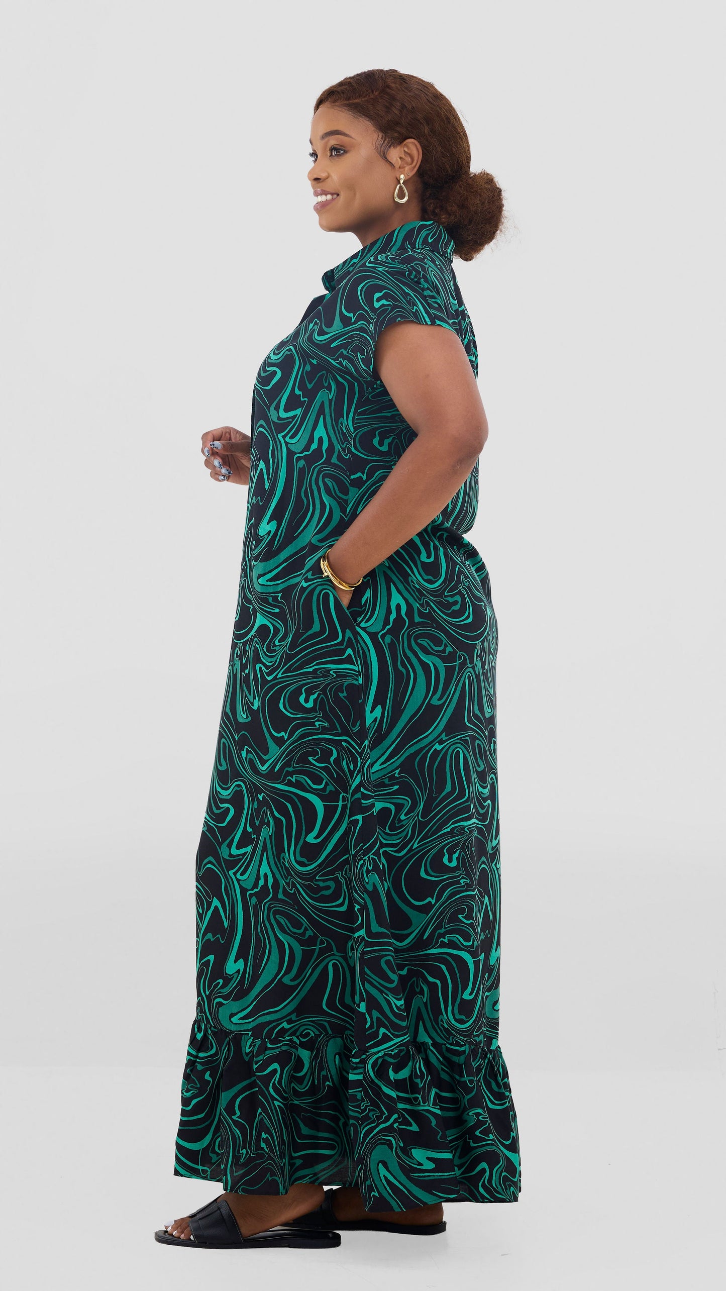Vivo Maisha Drop Shoulder Maxi Dress In Rayon - Black / Green Print