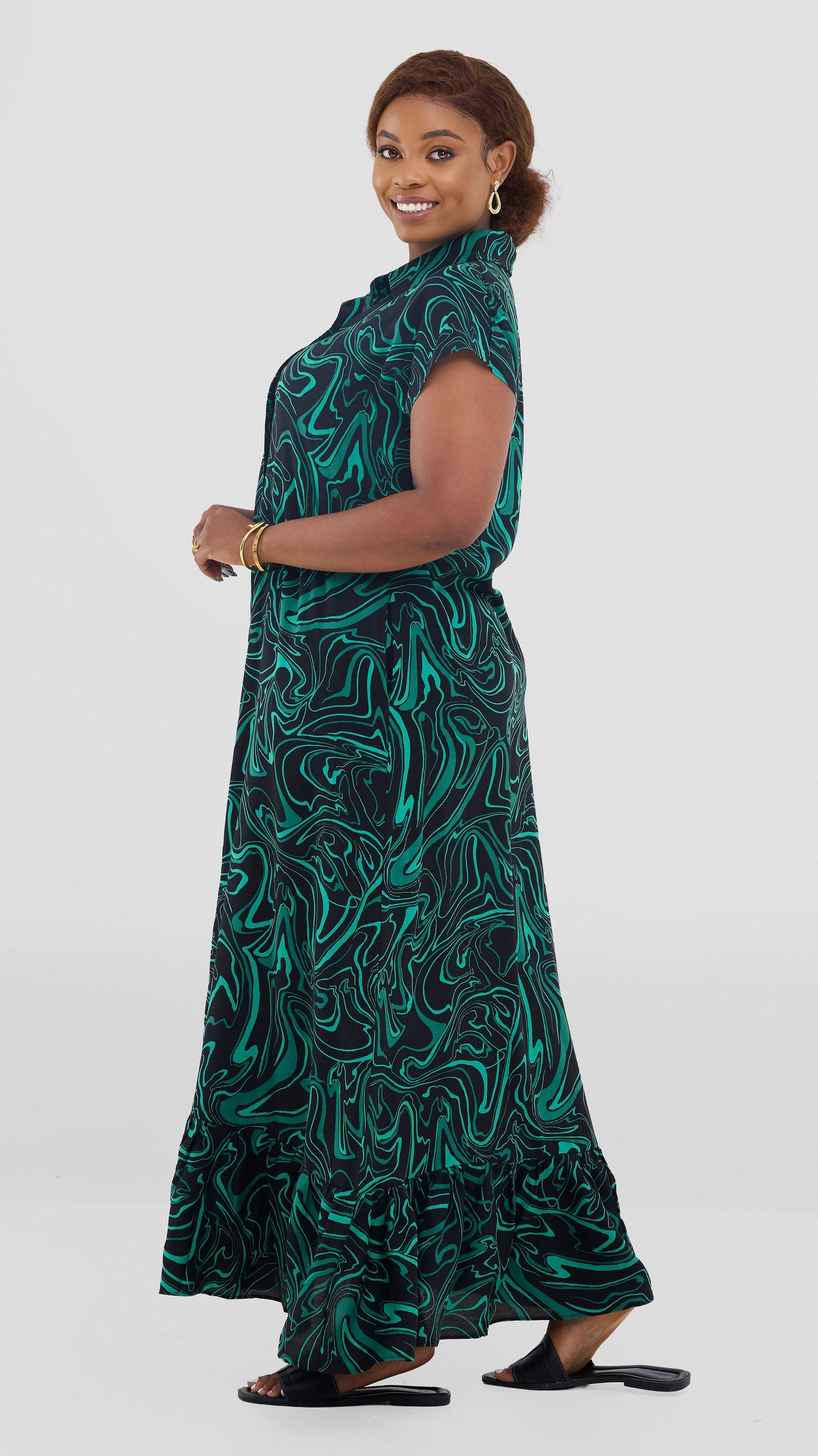 Vivo Maisha Drop Shoulder Maxi Dress In Rayon - Black / Green Print