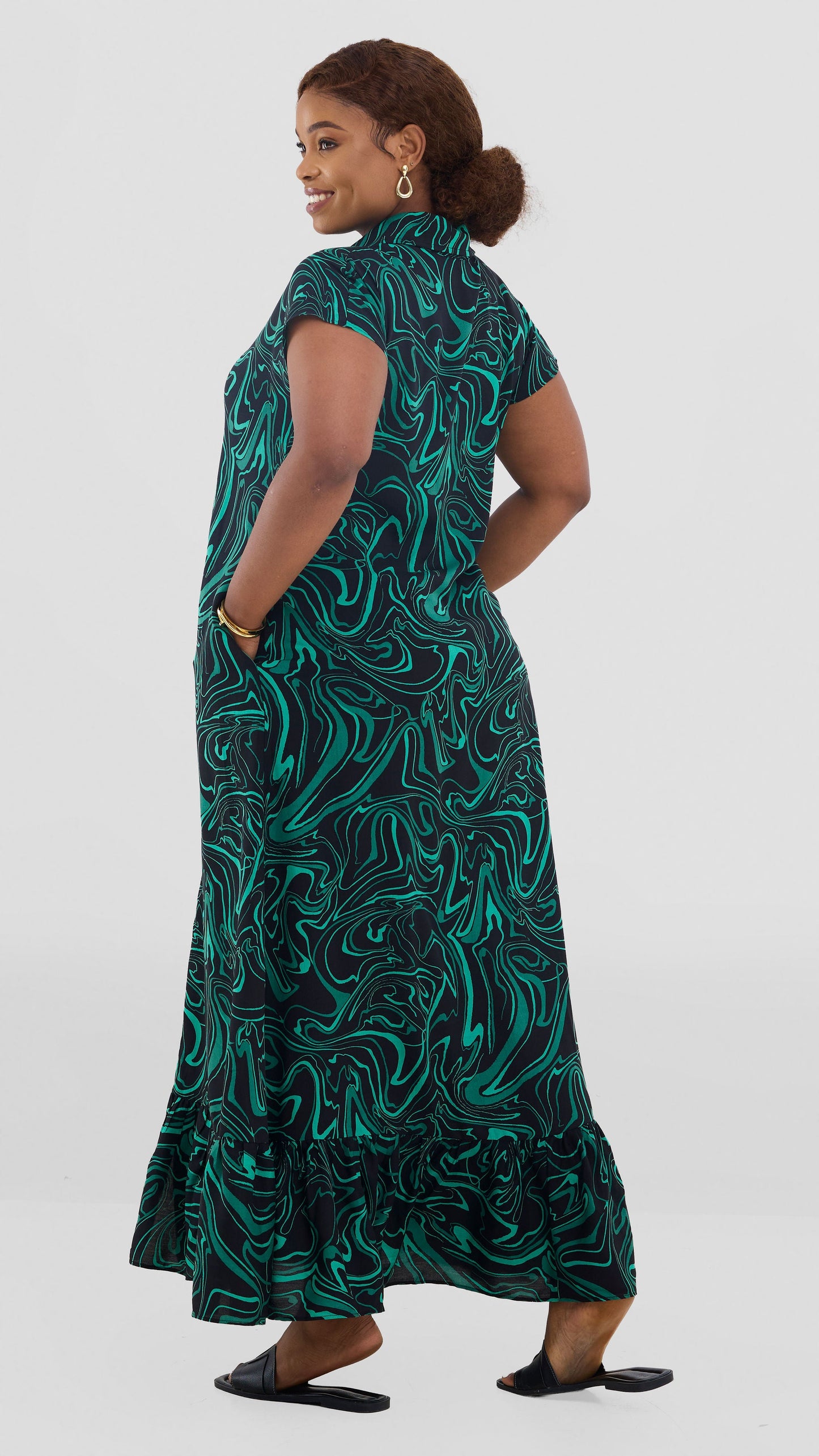 Vivo Maisha Drop Shoulder Maxi Dress In Rayon - Black / Green Print