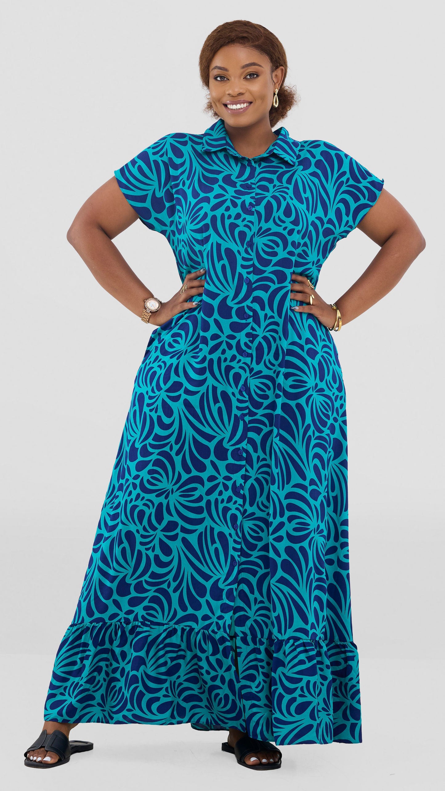 Vivo Maisha Drop Shoulder Maxi Dress In Rayon - Sea Green / Navy Print
