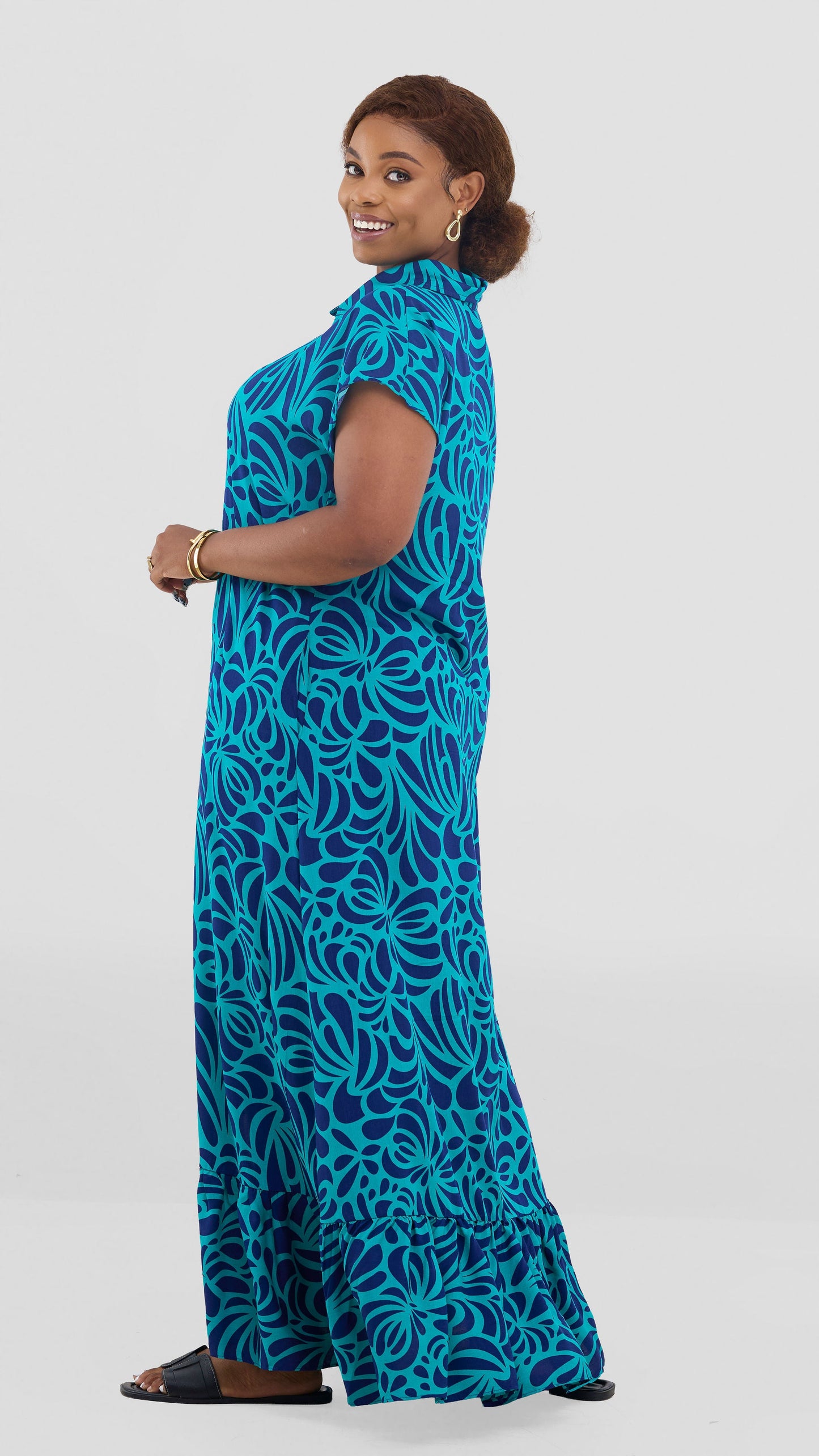 Vivo Maisha Drop Shoulder Maxi Dress In Rayon - Sea Green / Navy Print