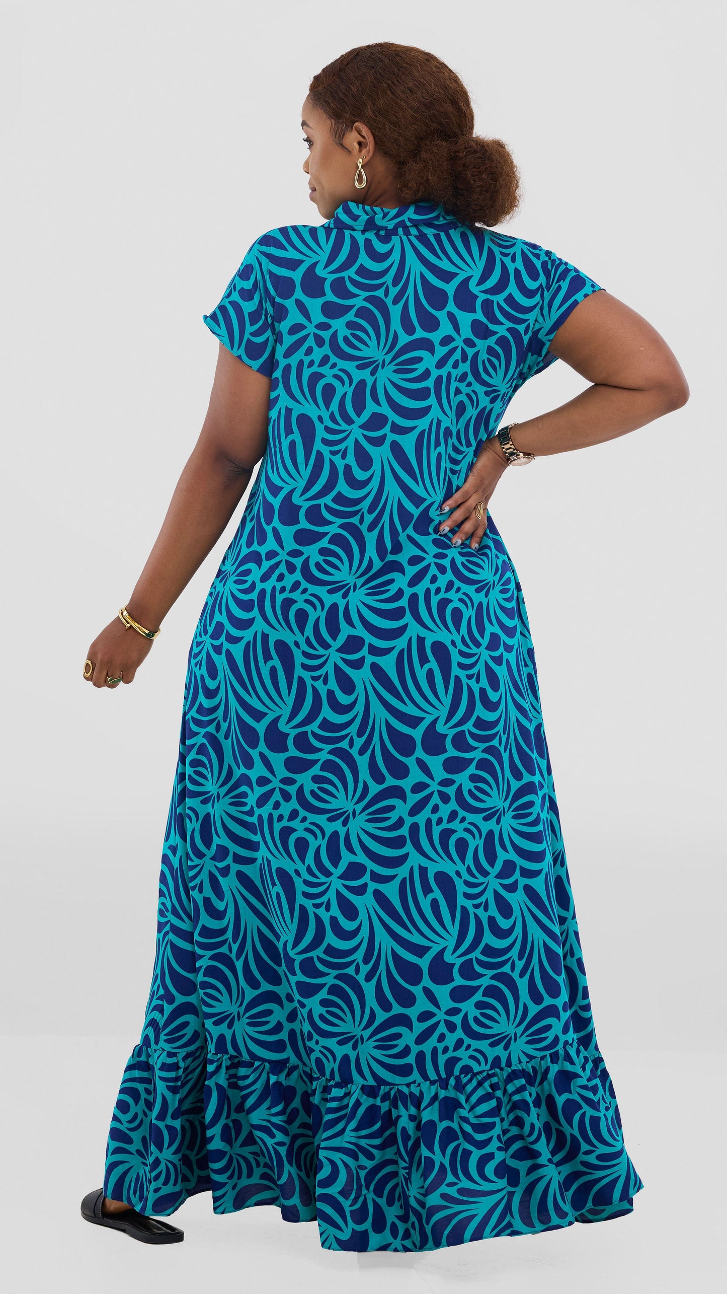 Vivo Maisha Drop Shoulder Maxi Dress In Rayon - Sea Green / Navy Print