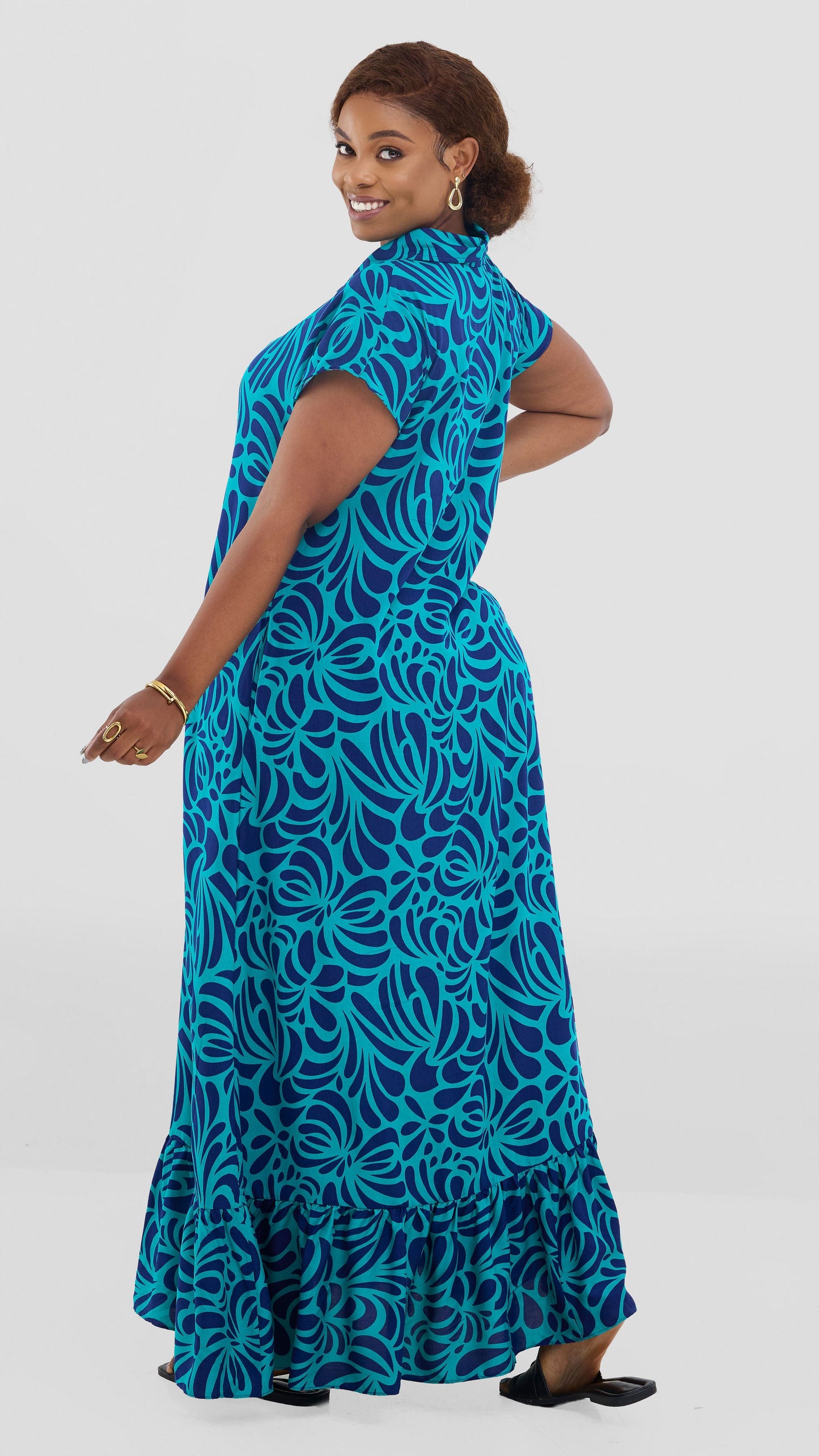 Vivo Maisha Drop Shoulder Maxi Dress In Rayon - Sea Green / Navy Print