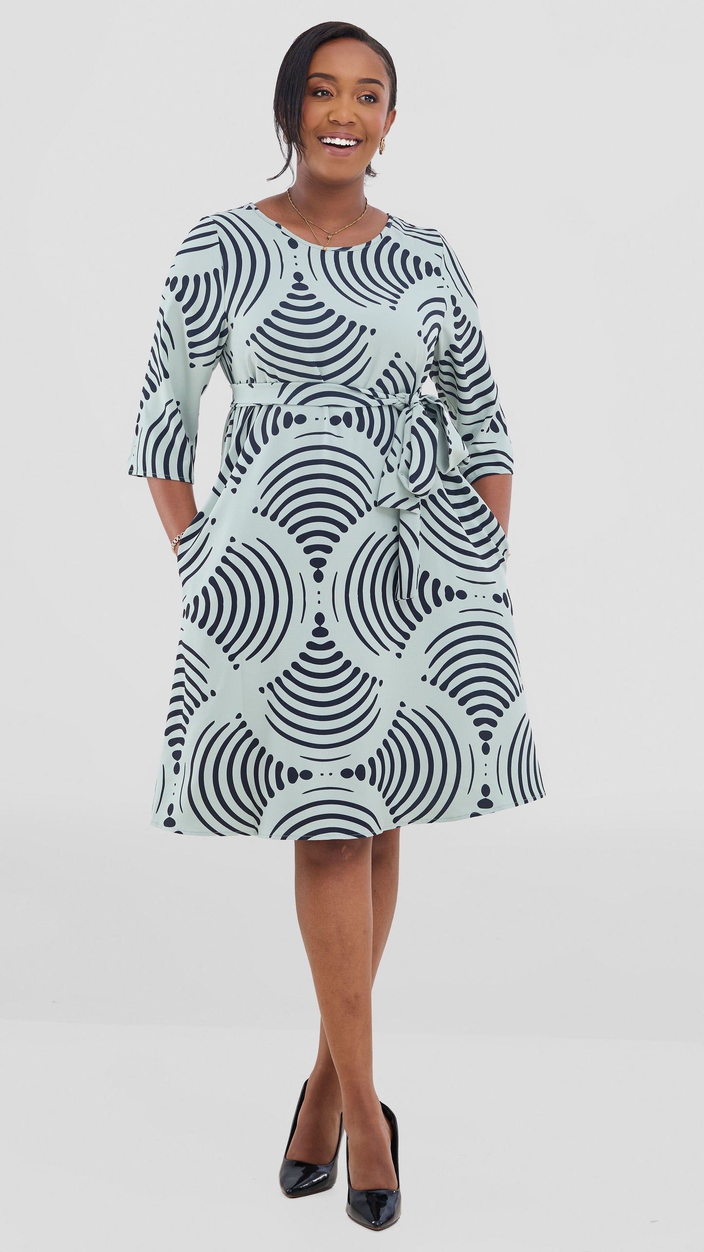 Vivo Laika 3/4 Sleeve Tent Dress In Crepe - Mint / Black Laki Print