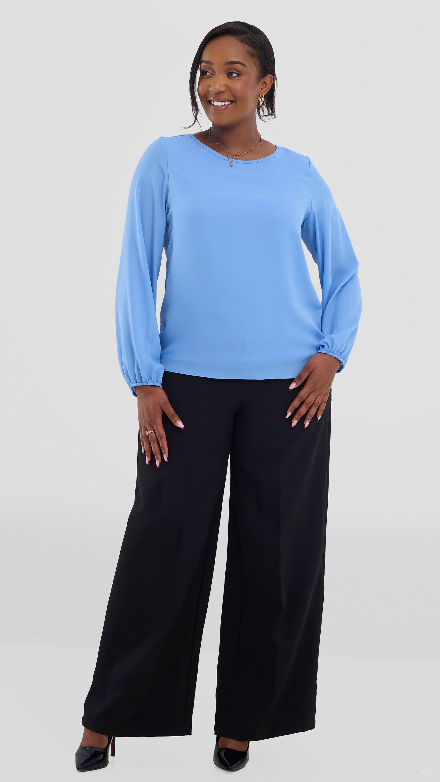 Vivo Basic Bishop Sleeve Top In Chiffon (Double Layered) - Light Blue