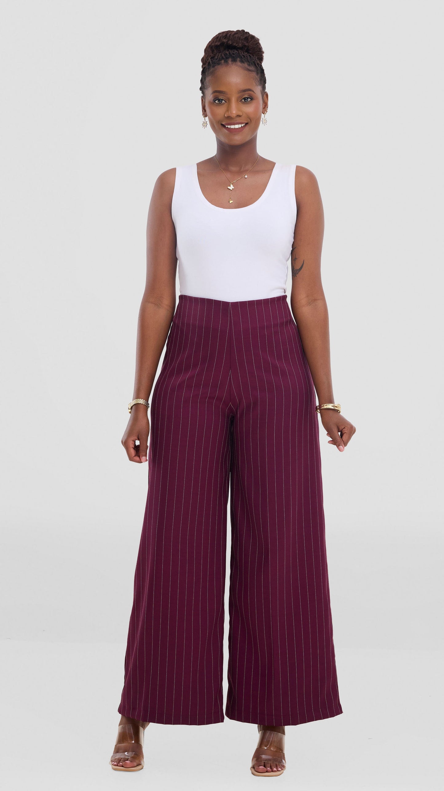 Vivo Studio Striped Pants In Crepe - Maroon Striped Print