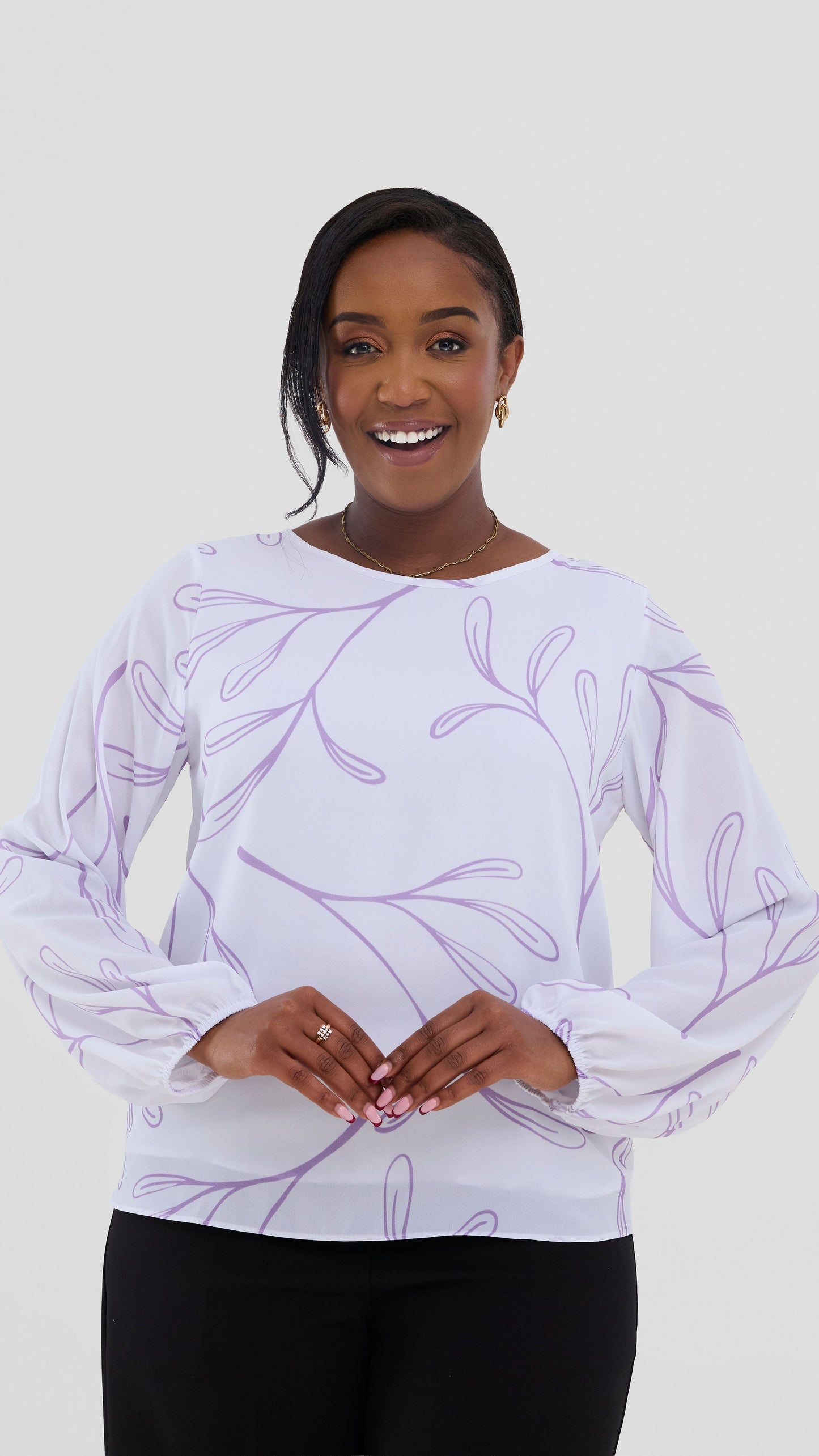 Vivo Basic Bishop Sleeve Top In Chiffon (Double Layered) - White / Lilac Print