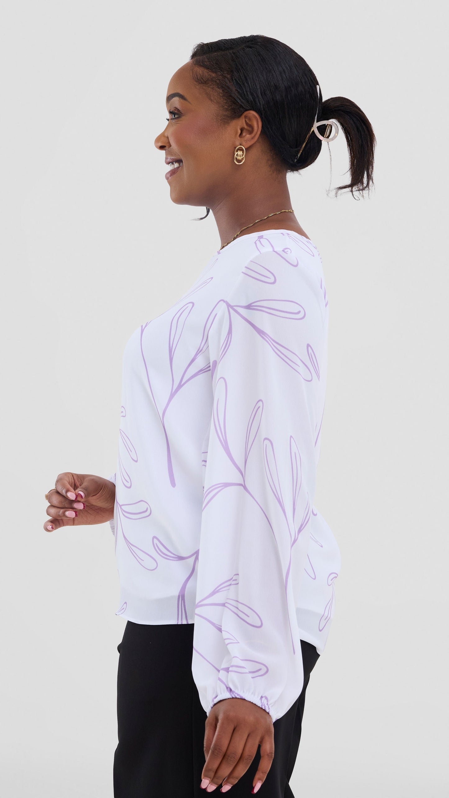 Vivo Basic Bishop Sleeve Top In Chiffon (Double Layered) - White / Lilac Print