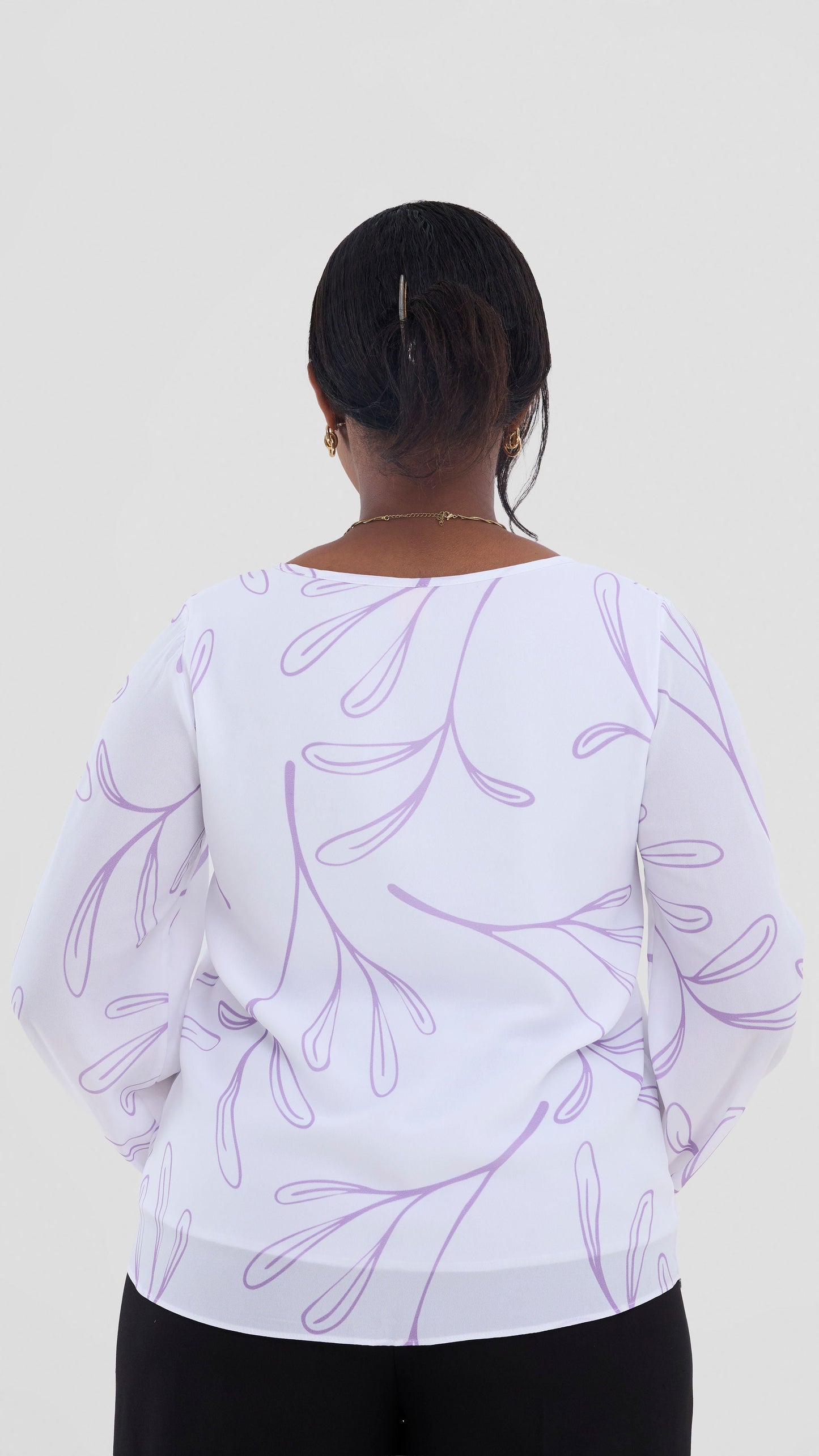 Vivo Basic Bishop Sleeve Top In Chiffon (Double Layered) - White / Lilac Print