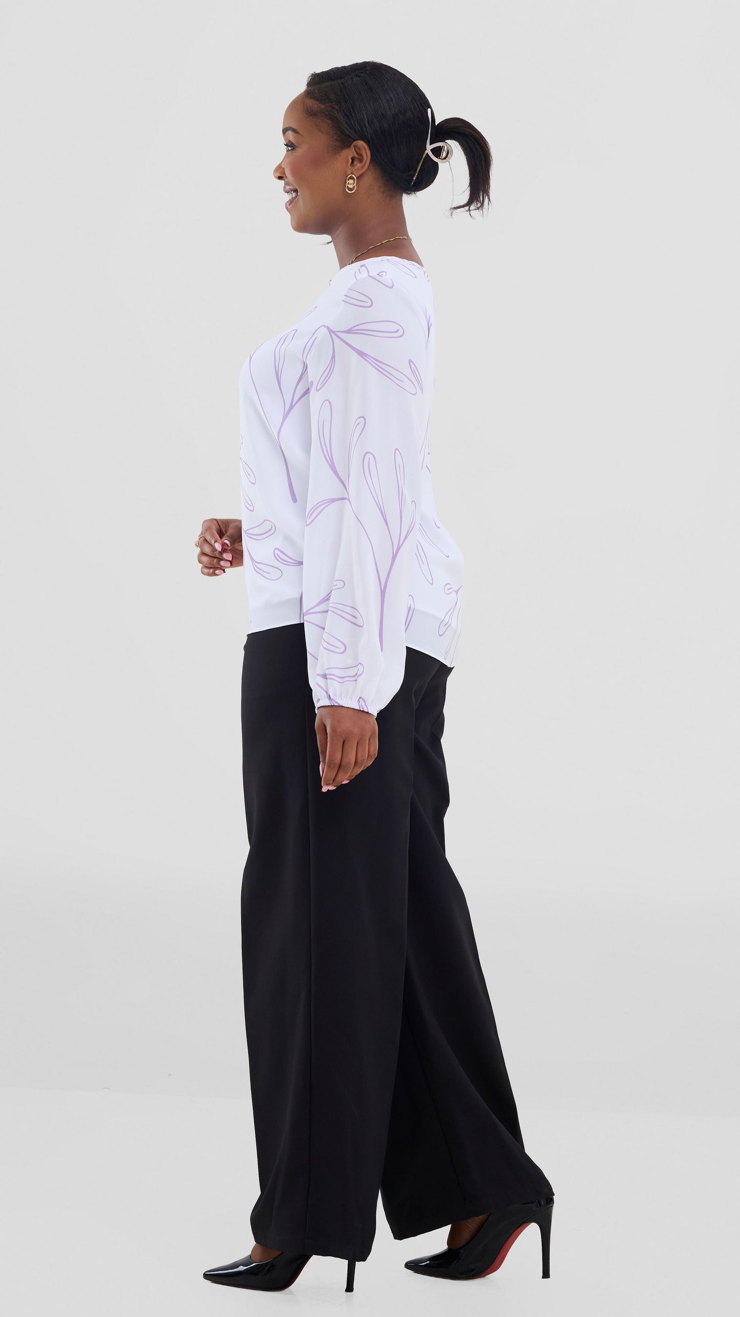 Vivo Basic Bishop Sleeve Top In Chiffon (Double Layered) - White / Lilac Print