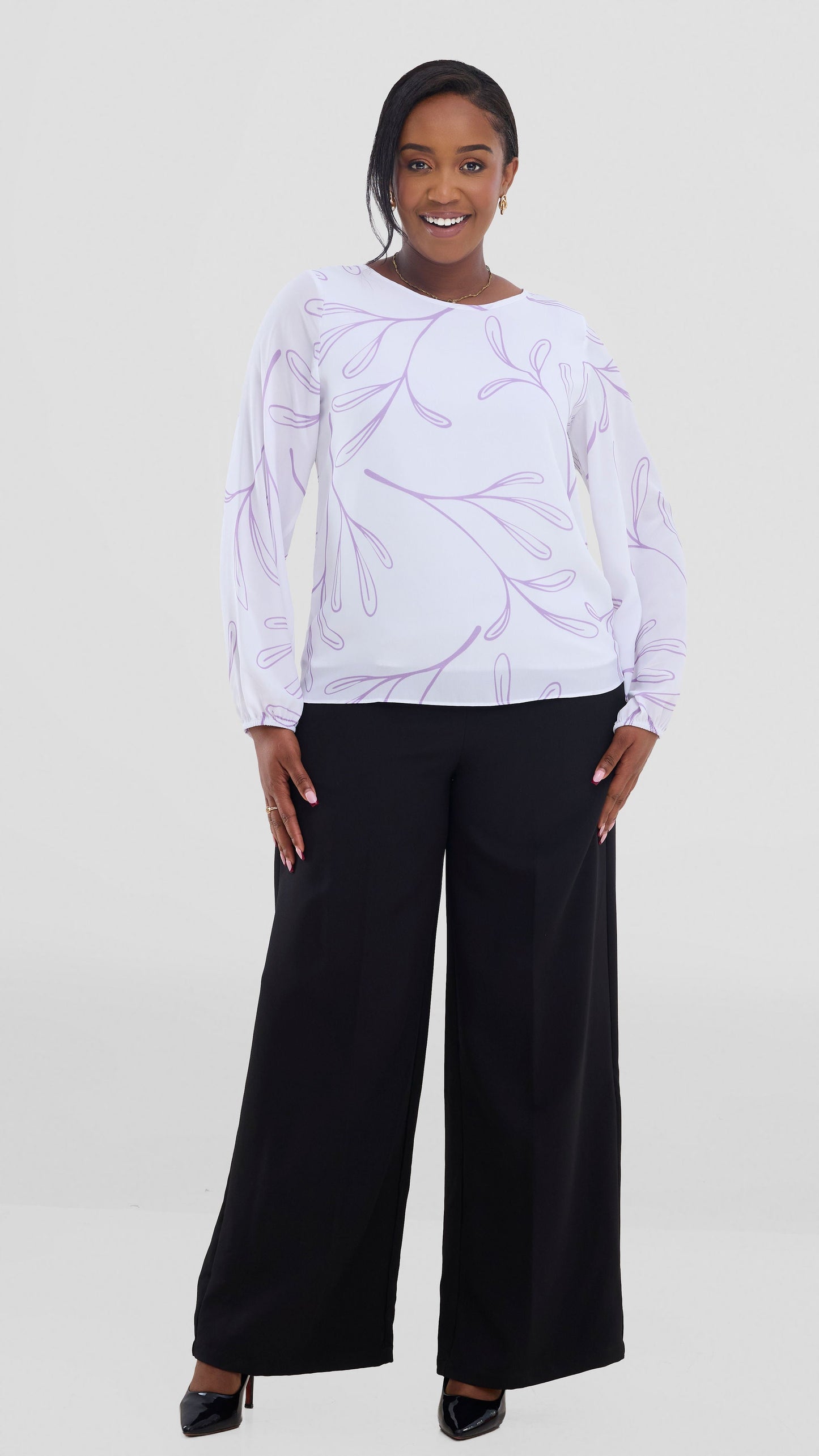 Vivo Basic Bishop Sleeve Top In Chiffon (Double Layered) - White / Lilac Print