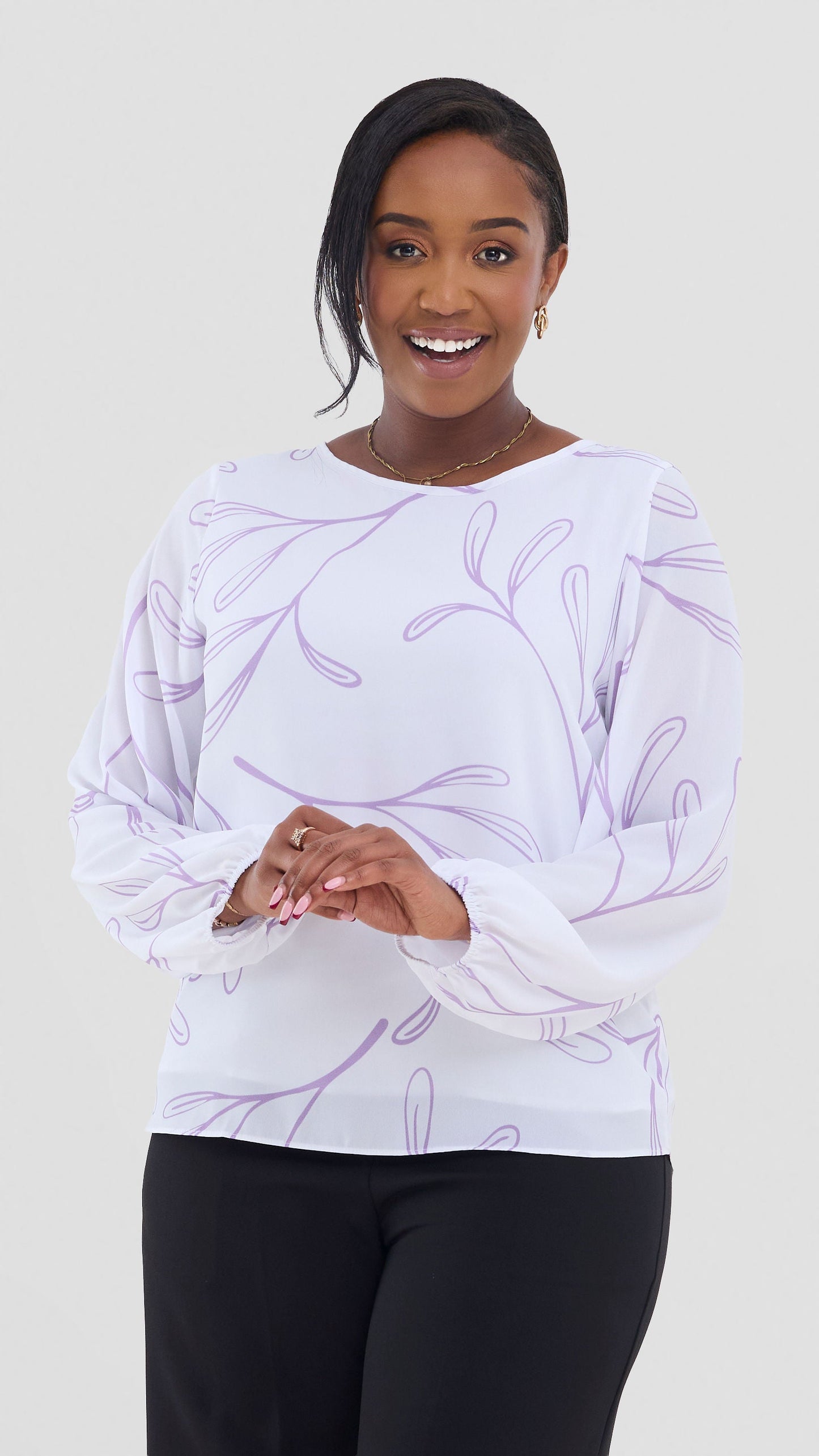 Vivo Basic Bishop Sleeve Top In Chiffon (Double Layered) - White / Lilac Print