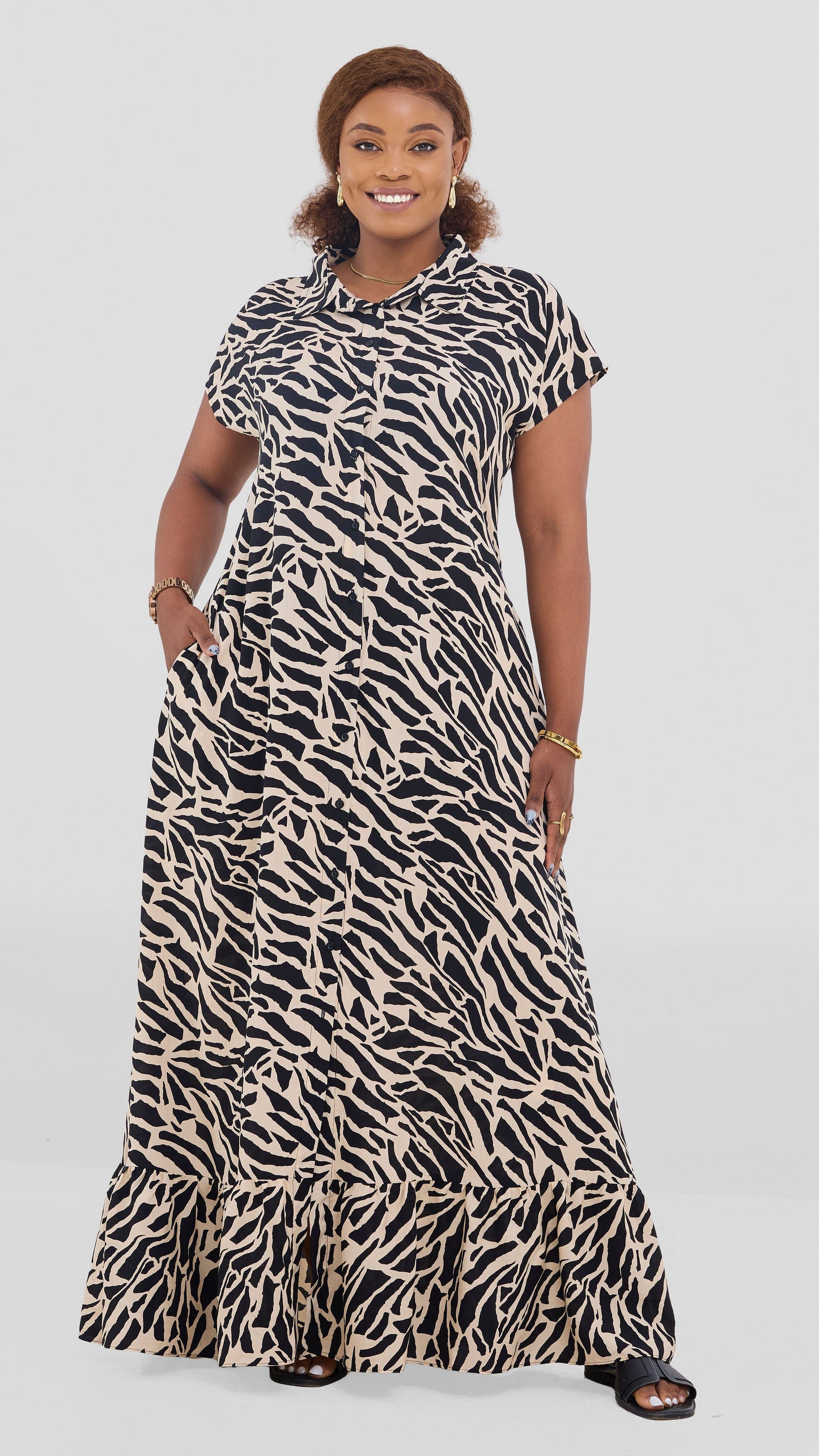 Vivo Maisha Drop Shoulder Maxi Dress In Rayon - Black / Light Tan Print