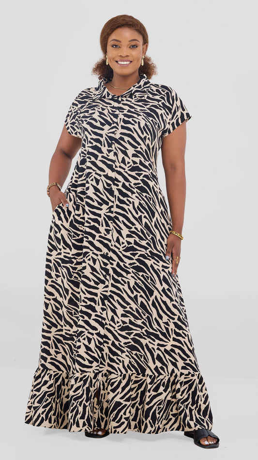 Vivo Maisha Drop Shoulder Maxi Dress In Rayon - Black / Light Tan Print
