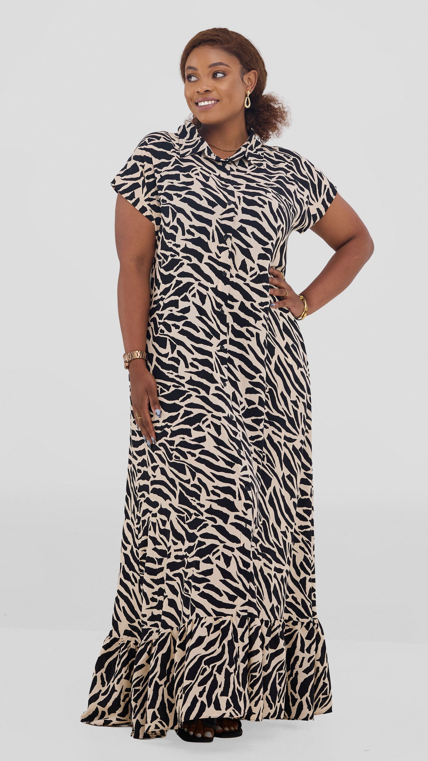 Vivo Maisha Drop Shoulder Maxi Dress In Rayon - Black / Light Tan Print