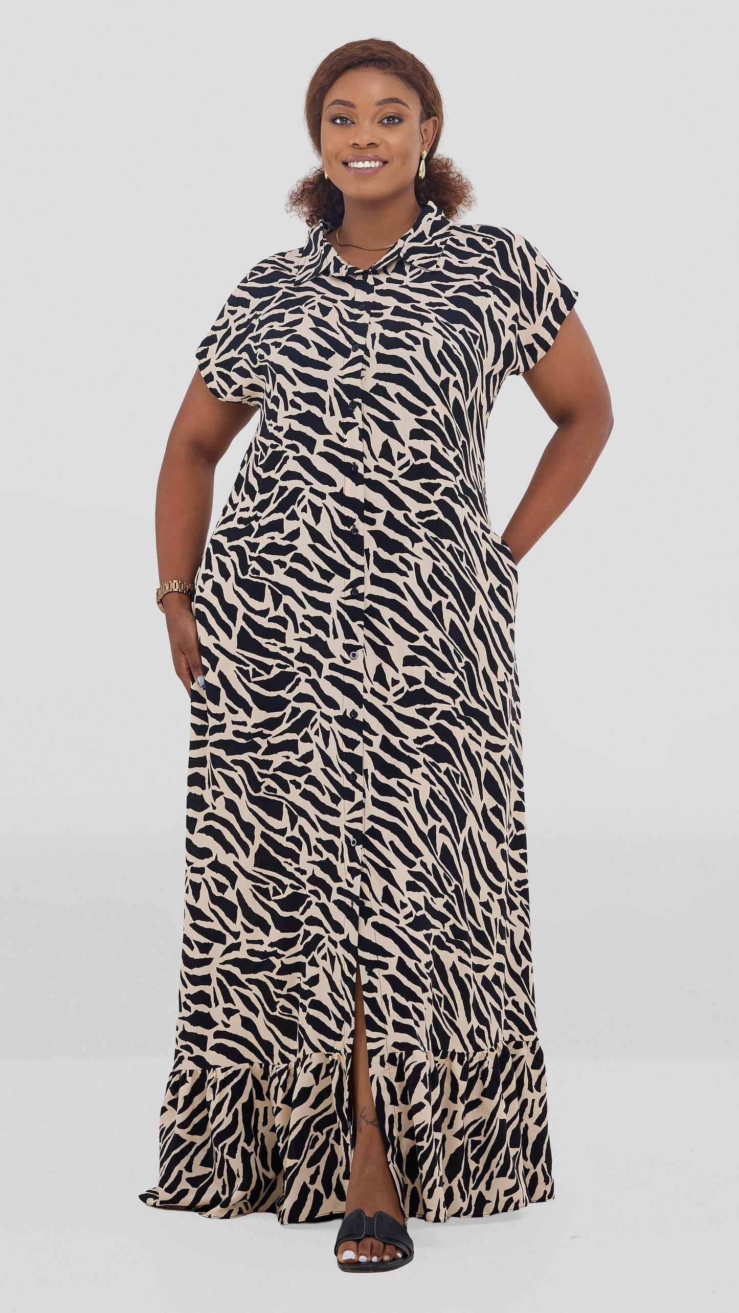 Vivo Maisha Drop Shoulder Maxi Dress In Rayon - Black / Light Tan Print