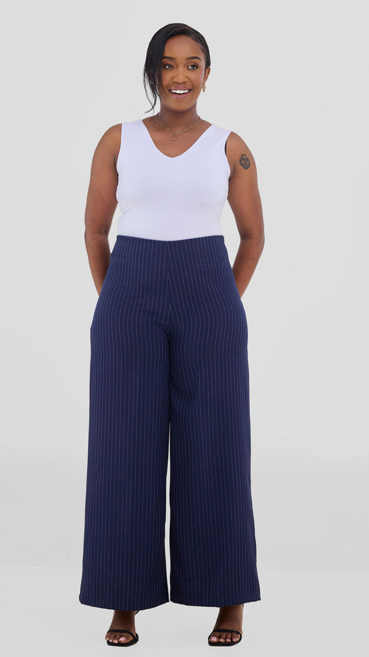 Vivo Studio Striped Pants In Crepe - Navy Striped Print