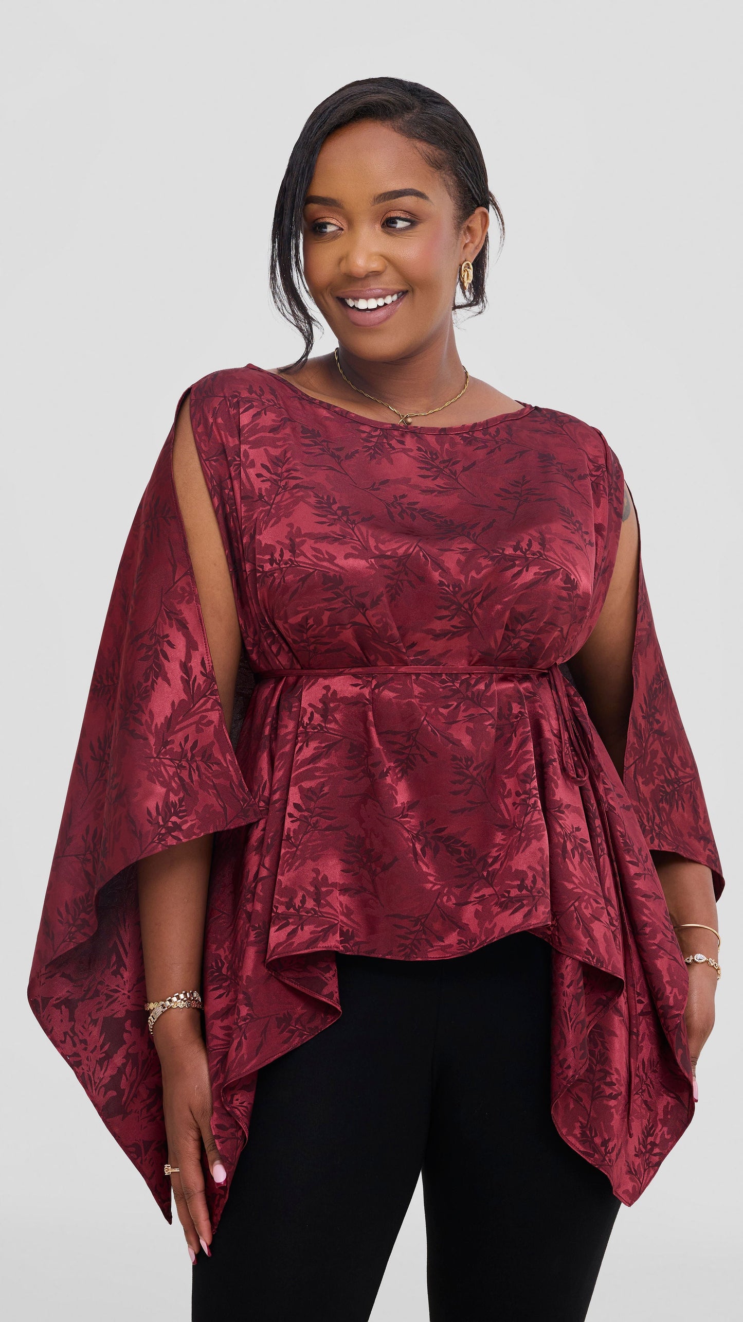 Vivo Multiway Short Kimono in Satin - Burgundy Textured Print