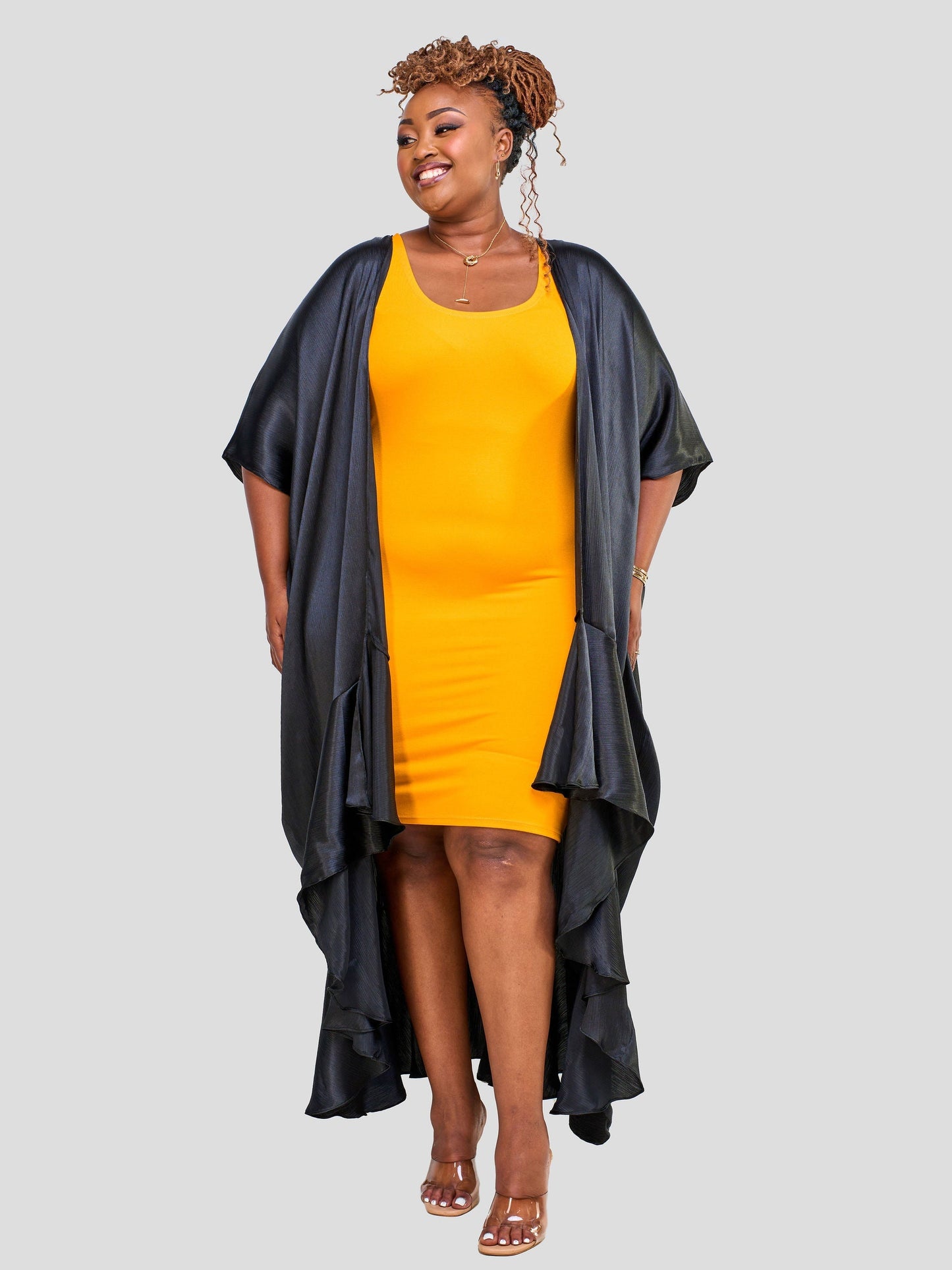 Vivo Nimali Satin Flounce Kimono - Black