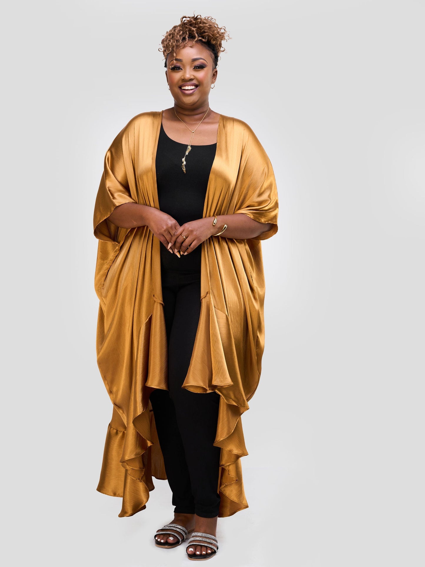Vivo Nimali Satin Flounce Kimono - Gold