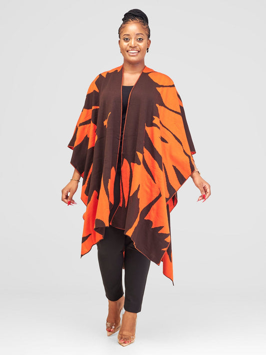 Vivo Reversible Printed Poncho - Chocolate Brown / Tangerine Pepeo Print