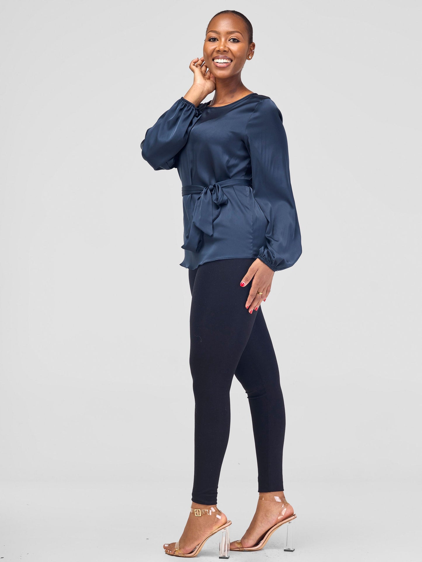 Vivo Basic Satin Bishop Sleeved Top - Dark Teal
