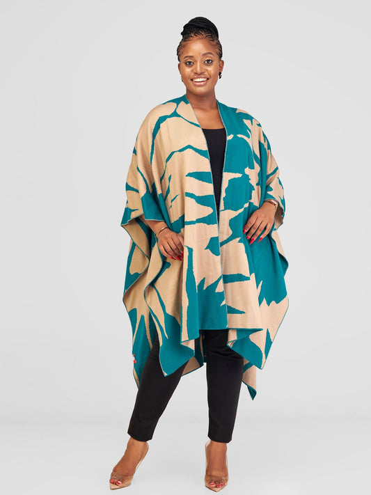 Vivo Reversible Printed Poncho - Teal / Taupe Pepeo print