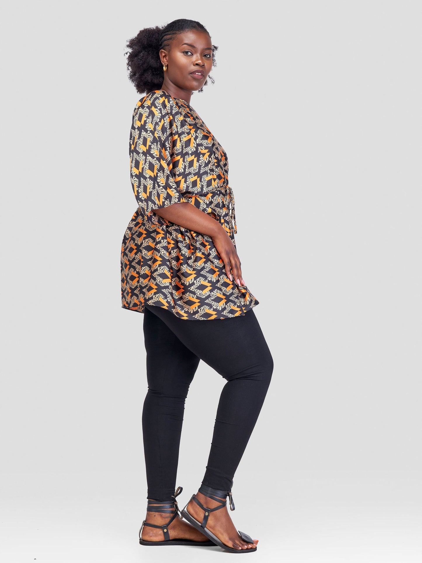 Vivo Jamila Kaftan Top - Brown / Orange Abstract Print