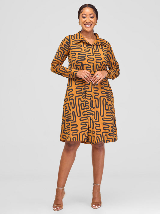Vivo Basic Long Sleeve Tent Shirt Dress - Brown / Black Abstract Print