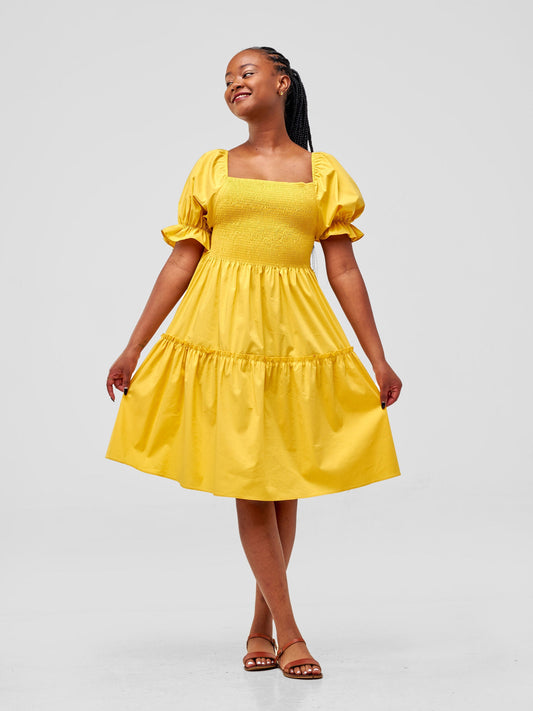 Safari Mara Shirred Bishop Sleeve Dress - Mustard