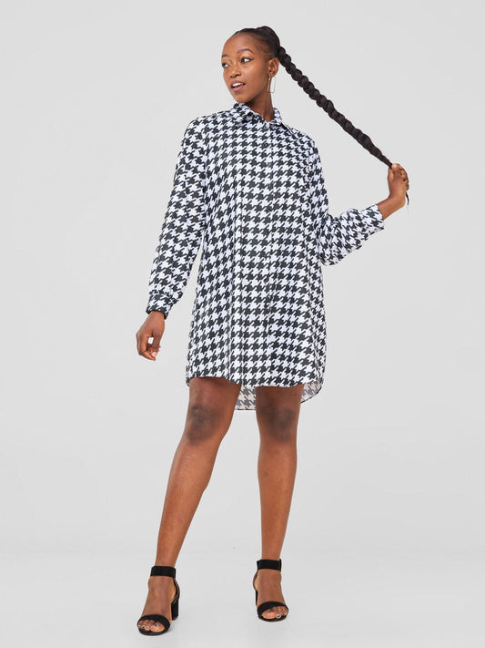 Zoya Sitawi Shirt Dress - Black / White A bstract Print - Shopzetu