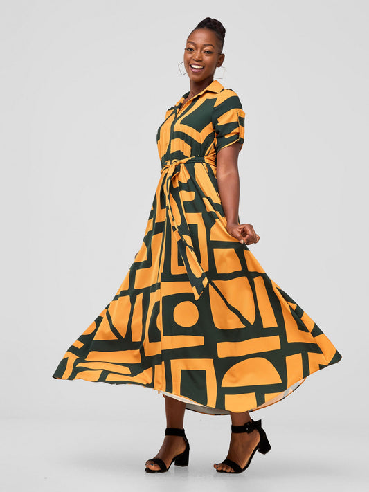 Vivo Yumi Maxi Shirt Dress - Hunters/Mustard Meza Print