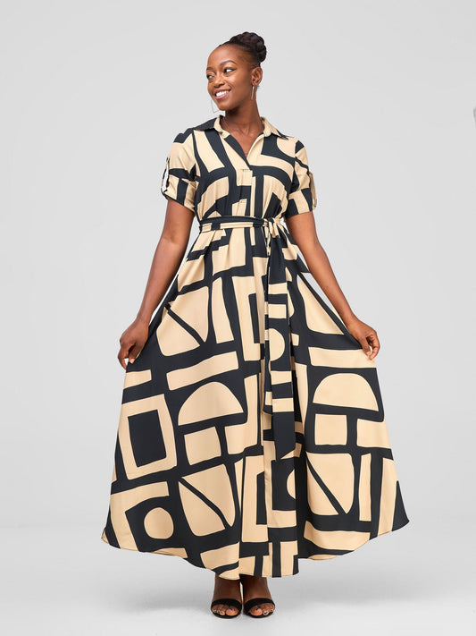 Vivo Yumi Maxi Shirt Dress - Black/Beige Meza Print