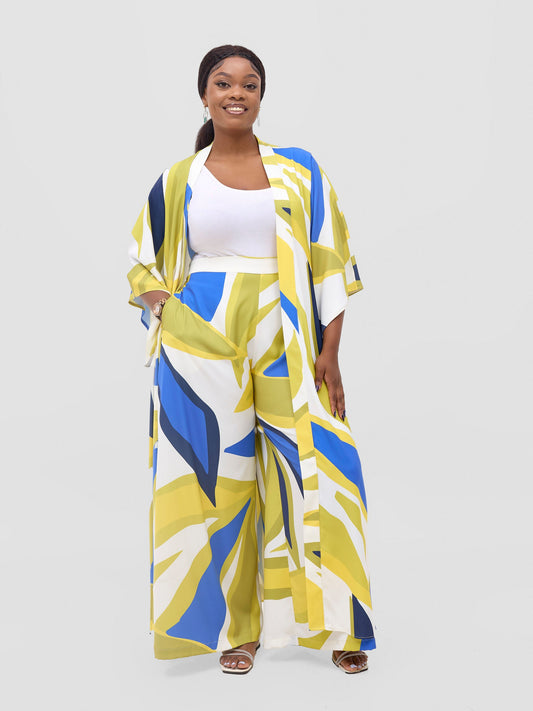 Vivo Kelemi Flared Sleeve Kimono - Royal Blue  / Green Lana Print