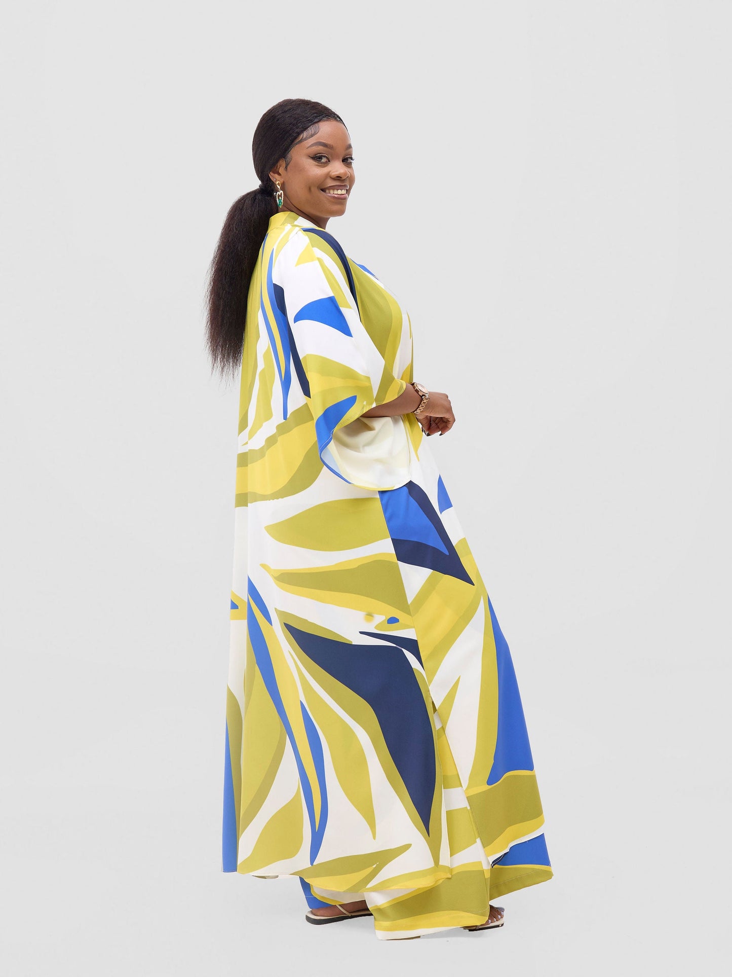 Vivo Kelemi Flared Sleeve Kimono - Royal Blue  / Green Lana Print