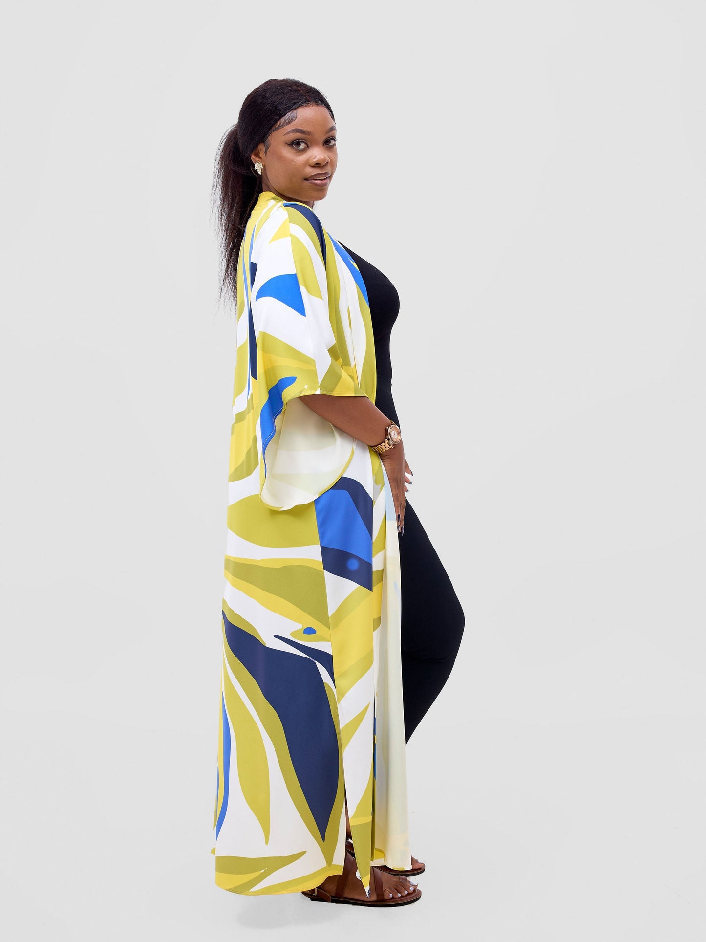 Vivo Kelemi Flared Sleeve Kimono - Royal Blue  / Green Lana Print