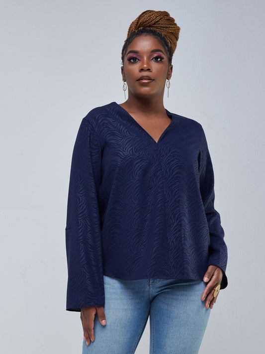 Safari Kaya Long Sleeve V neck Top - Navy Blue Print