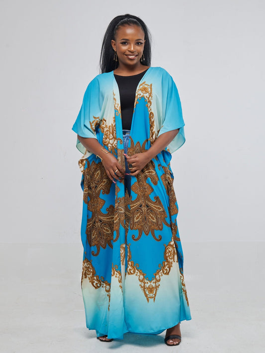 Safari Maisha Maxi Kimono Cover-Up - Blue / Brown Print