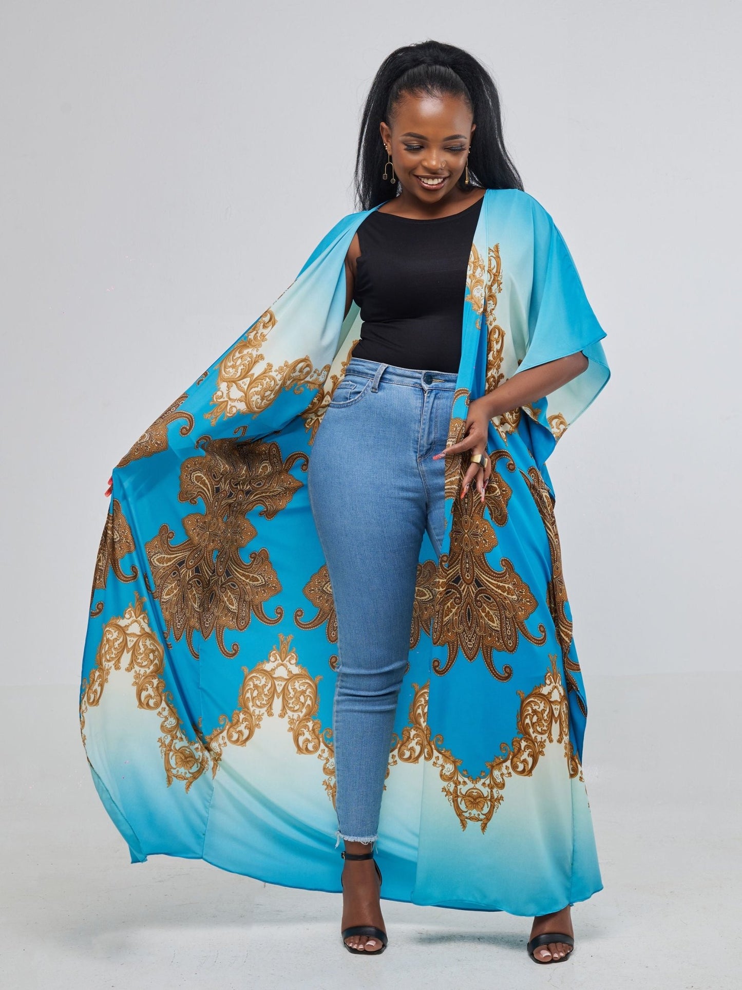 Safari Maisha Maxi Kimono Cover-Up - Blue / Brown Print