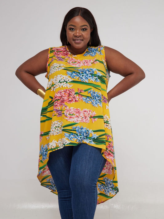Safari Maisha Sleeveless Hi Low Top - Mustard / Pink Floral Print