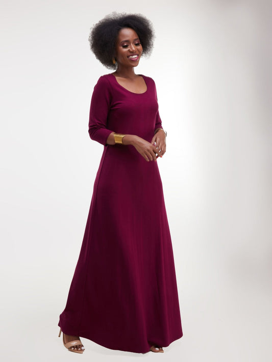 Vivo Basic 3/4 Sleeve A-Line Maxi Dress - Burgundy