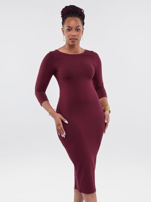 Vivo Basic 3/4 Sleeve Kim Bodycon Dress - Maroon