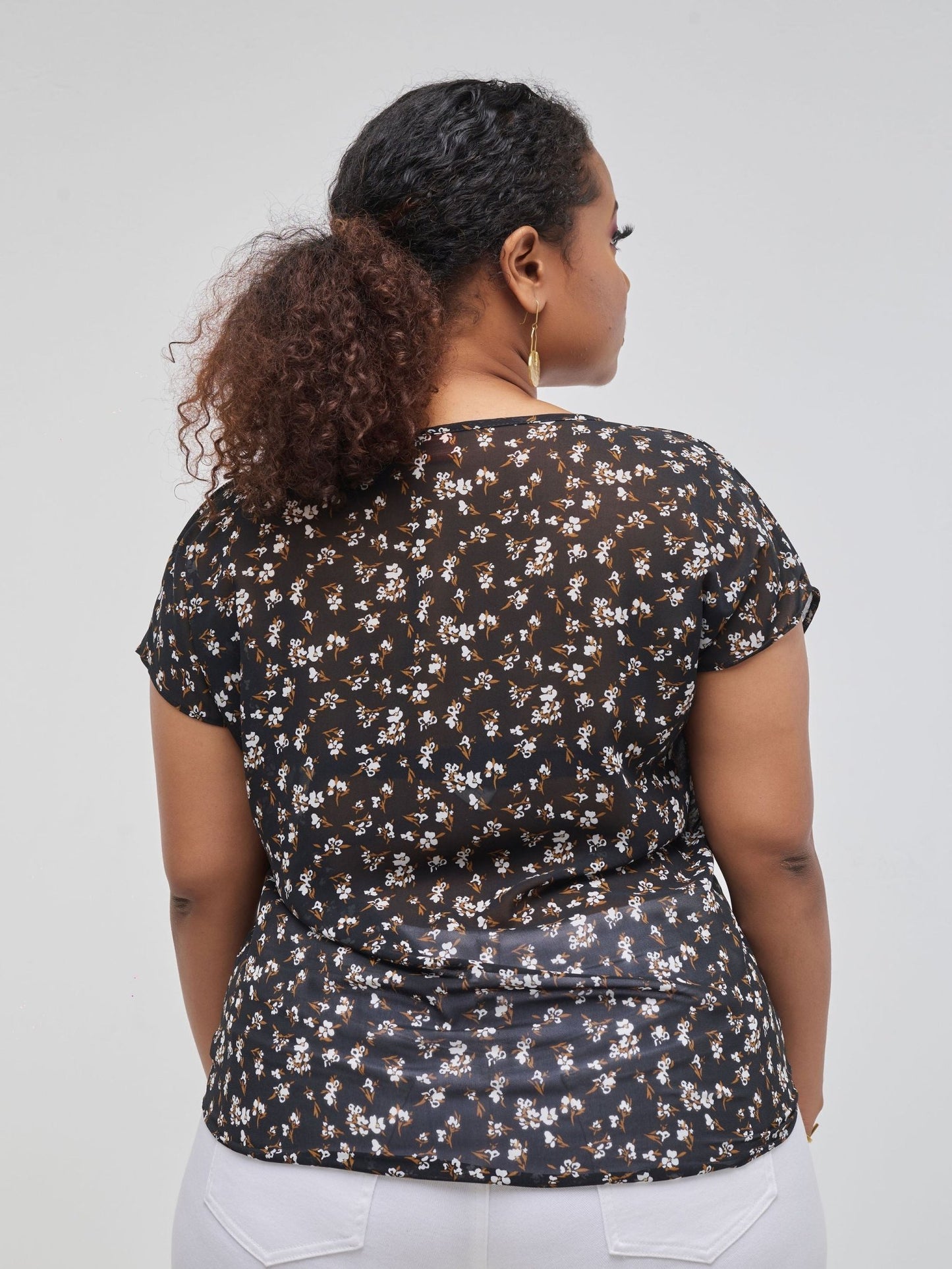 Vivo Basic Chiffon Dropped Shoulder Top - Black Floral Print