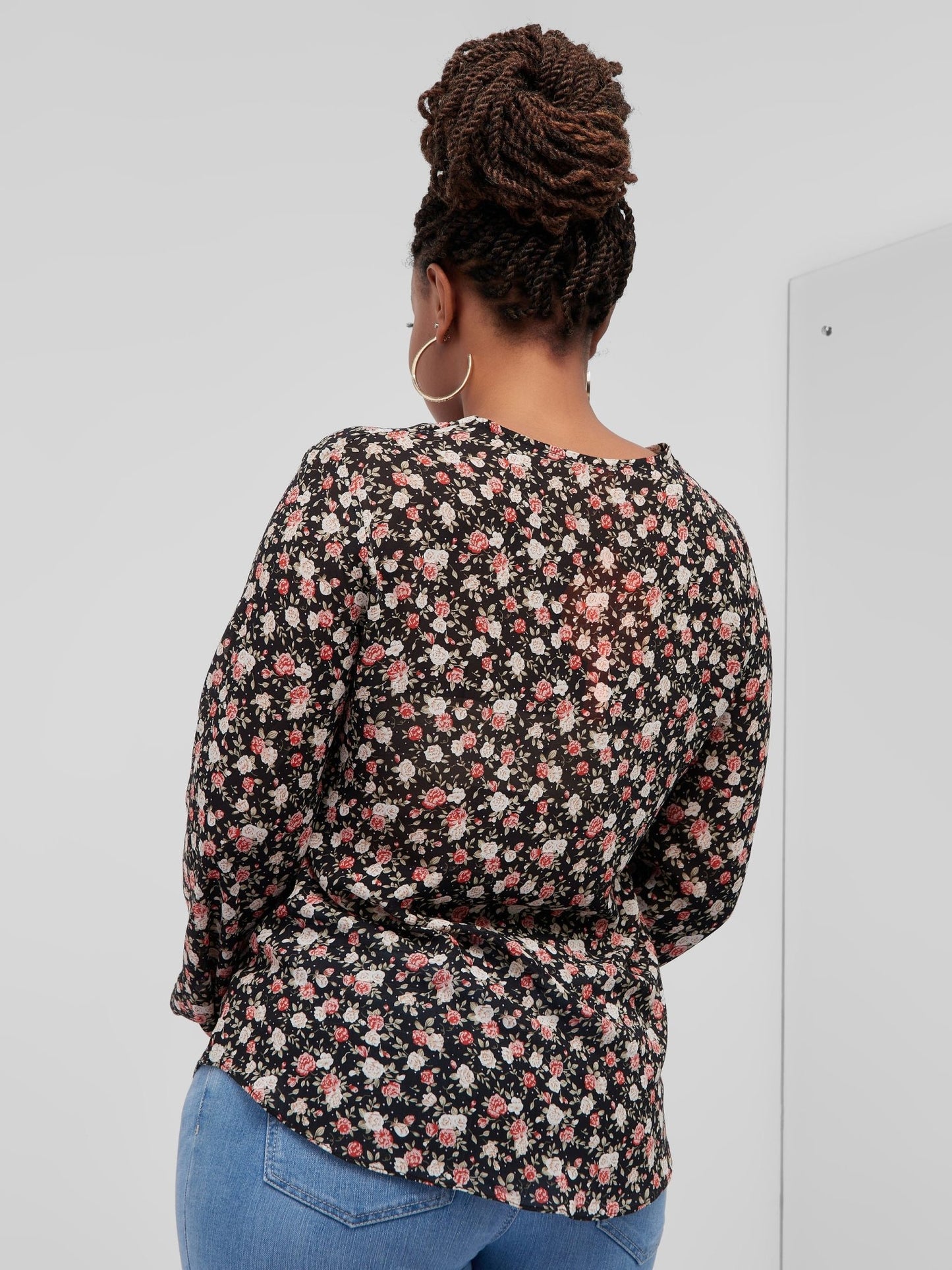 Vivo Basic V-Neck Bishop Sleeve Top - Black / Orange Floral Print