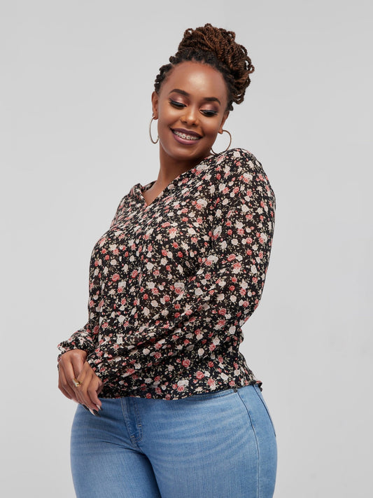 Vivo Basic V-Neck Bishop Sleeve Top - Black / Orange Floral Print