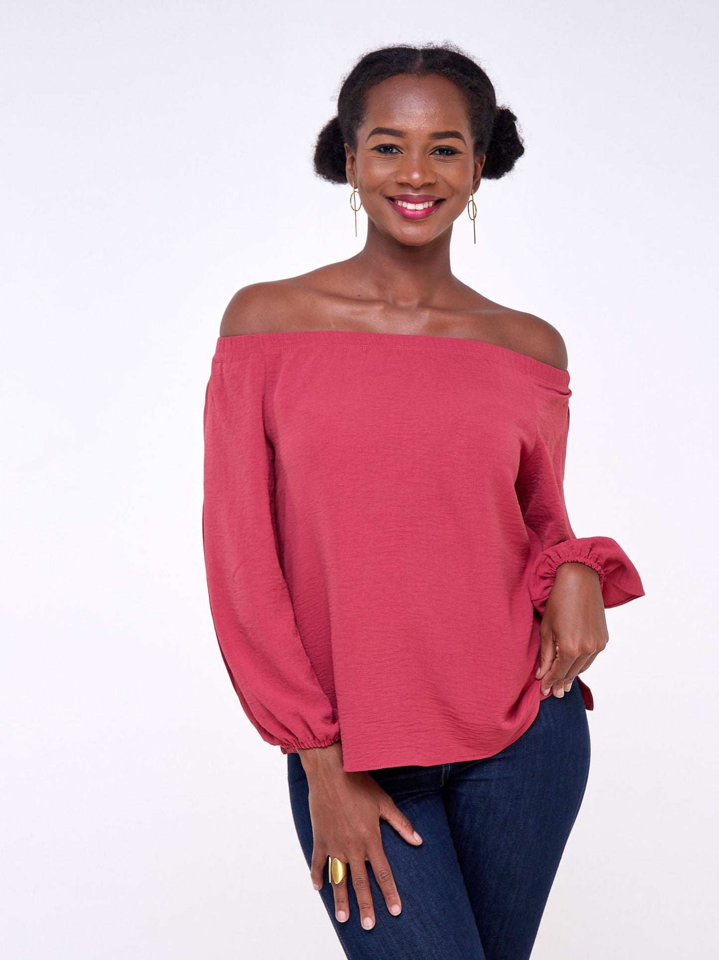 Vivo Dayo Off Shoulder Split Sleeve Short Top - Pink