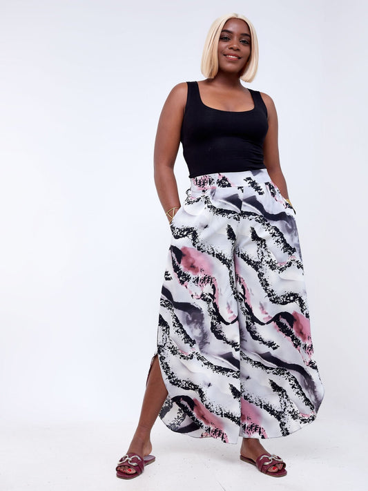 Vivo Lalea Tulip Hem Pants - Grey/Black Abstract Print