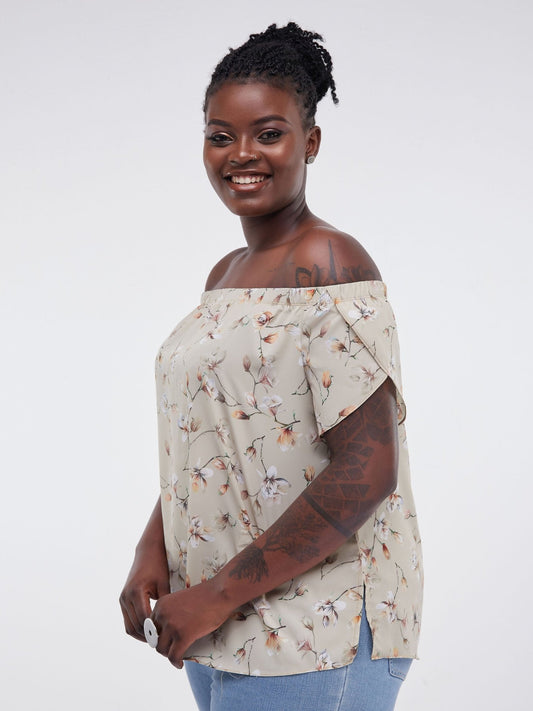 Vivo Lalea Tulip Sleeve Off Shoulder Top - Taupe Floral Print